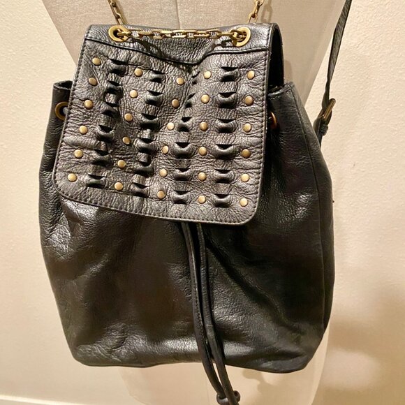Frye Black Leather Backpack with Gold Accents